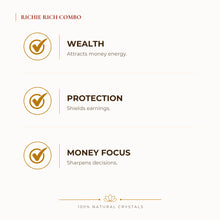 Load image into Gallery viewer, Richie Rich Bracelet Combo benefits for wealth attraction and prosperity intention, explained in an Evashu natural-crystal guide