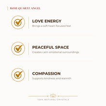 Load image into Gallery viewer, Rose Quartz Angel Figurine benefits for calm mind and stress relief, explained in an Evashu natural-crystal guide