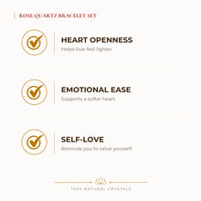 Load image into Gallery viewer, Rose Quartz Bracelet Set benefits for love and relationship harmony, explained in an Evashu natural-crystal guide