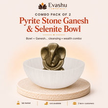 Load image into Gallery viewer, Authentic natural Selenite Bowl + Pyrite Ganesh Bowl for Wealth Energy and Energy Cleansing, shown as the main Evashu product view