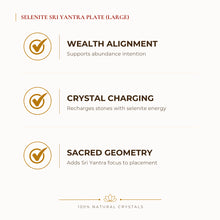 Load image into Gallery viewer, Selenite Sri Yantra Charging Plate benefits for wealth attraction and prosperity intention, explained in an Evashu natural-crystal guide – selenite charging
