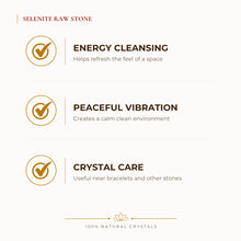Load image into Gallery viewer, Selenite Raw Stone benefits for calm mind and stress relief, explained in an Evashu natural-crystal guide