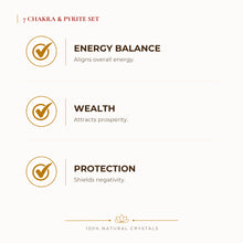 Load image into Gallery viewer, 7 Chakra & Pyrite Bracelet Set benefits for wealth attraction and prosperity intention, explained in an Evashu natural-crystal guide
