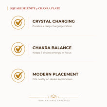 Load image into Gallery viewer, Square Selenite 7 Chakra Charging Plate benefits for grounding and balanced energy, explained in an Evashu natural-crystal guide