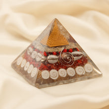 Load image into Gallery viewer, Shree Yantra Pyramid displayed fully on white silk cloth to show its natural colour, shape and finish