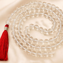 Load image into Gallery viewer, Close-up of authentic natural Clear Quartz and Sphatik showing crystal texture, colour and craftsmanship – sphatik clear quartz 8mm japmala 108 beads symbol of