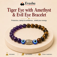 Load image into Gallery viewer, Authentic natural Tiger Eye, Amethyst & Evil Eye Bracelet for Willpower and Calming Energy, shown as the main Evashu product view