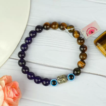 Load image into Gallery viewer, Certified Tiger Eye with Amethyst & Evil Eye Stone Bracelet: A Symbol of Strength, Balance & Positivity for Unisex