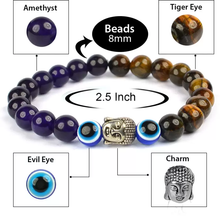 Load image into Gallery viewer, Certified Tiger Eye with Amethyst & Evil Eye Stone Bracelet: A Symbol of Strength, Balance & Positivity for Unisex