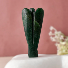 Load image into Gallery viewer, Back view of Green Aventurine Angel figurine on a soft pink background.