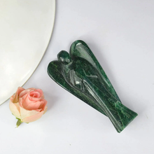 Load image into Gallery viewer, Green Aventurine Angel figurine with pink flower placed on a clean white surface, symbolizing luck