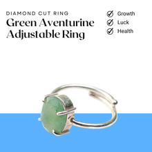 Load image into Gallery viewer, Green Aventurine diamond cut oval ring on minimalist white and blue background for luck, prosperity and emotional healing.