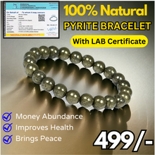 Load image into Gallery viewer, Lab-certified natural Pyrite bracelet 135 carat displayed with certificate, symbolizing money abundance, health, and peace.