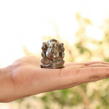 Load image into Gallery viewer, Realistic photo of a Pyrite Ganesh figurine held in hand with natural golden shine.
