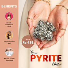 Load image into Gallery viewer, Raw pyrite cluster crystal with metallic golden shine, known as fool’s gold and symbol of wealth and protection.