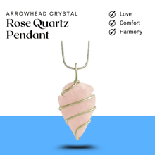 Load image into Gallery viewer, Rose quartz arrowhead pendant with chain, a healing crystal necklace for love and emotional balance