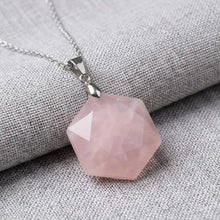 Load image into Gallery viewer, Rose Quartz Hexagon Pendant – Symbol of Love, Gentleness, and Comfort – Perfect for Daily Wear - Side View | Natural Rose Quartz, Seven Chakra Crystal Ring for Love & Relationship Harmony