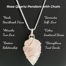 Load image into Gallery viewer, Rose quartz pendant with a silver chain, a healing crystal necklace for love and emotional balance