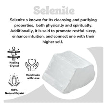 Load image into Gallery viewer, Selenite crystal known for cleansing, purification, better sleep, boosted intuition, and deeper spiritual connection.