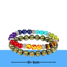 Load image into Gallery viewer, 7 Chakra Bracelet & Pyrite Bracelet Set – Balance Energy & Attract Abundance - Close Up Detail Texture | Natural Pyrite, Seven Chakra Crystal Bracelet for Evil Eye Protection & Negative Energy Shield