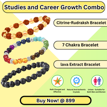 Load image into Gallery viewer, Pack of 3 Studies & Career Growth bracelets—Citrine Rudraksh, 7 Chakra, Lava—boosting focus, confidence and success.