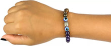 Load image into Gallery viewer, Strength & Protection - Tiger Eye, Amethyst, and Evil Eye Bracelet for unisex wear - Scale Reference | Natural Amethyst, Tiger Eye, Evil Eye Crystal Bracelet for Evil Eye Protection & Negative Energy Shield