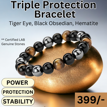 Load image into Gallery viewer, Triple Protection Bracelet – Hematite, Black Obsidian & Tiger’s Eye | Balance, Protection & Positive Energy