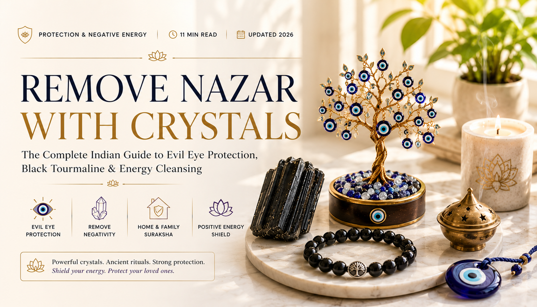 Evil eye protection crystals and nazar removal setup with black tourmaline, selenite and blue evil eye charm