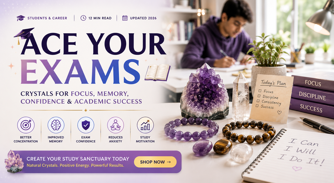 Amethyst, Tiger Eye and Sphatik crystals for students studying for exams and academic success