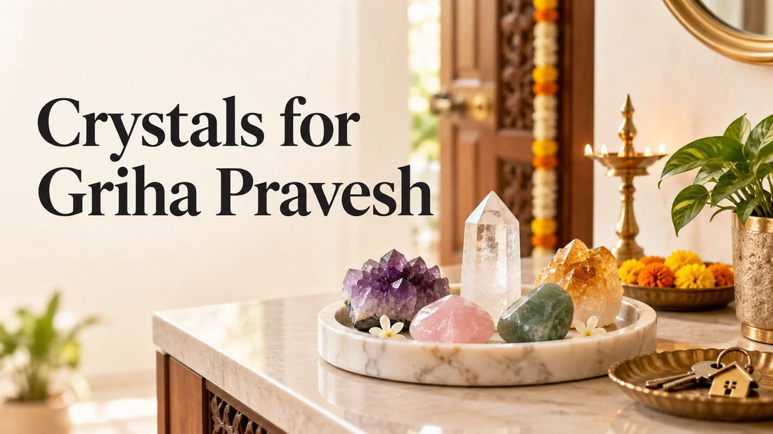 Assorted crystals in a bright home entrance for a Griha Pravesh crystal guide