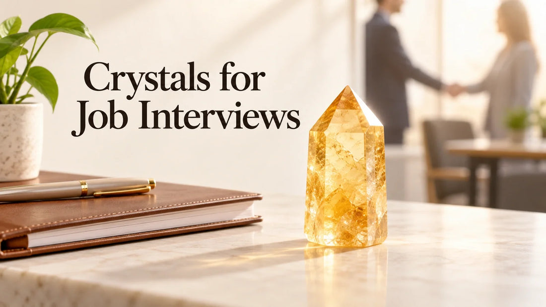 Golden citrine crystal on an interview desk for a job interview and opportunity crystal guide
