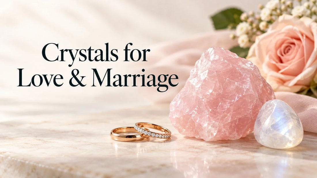 Rose quartz, moonstone and wedding rings with roses for a crystals for love and marriage guide