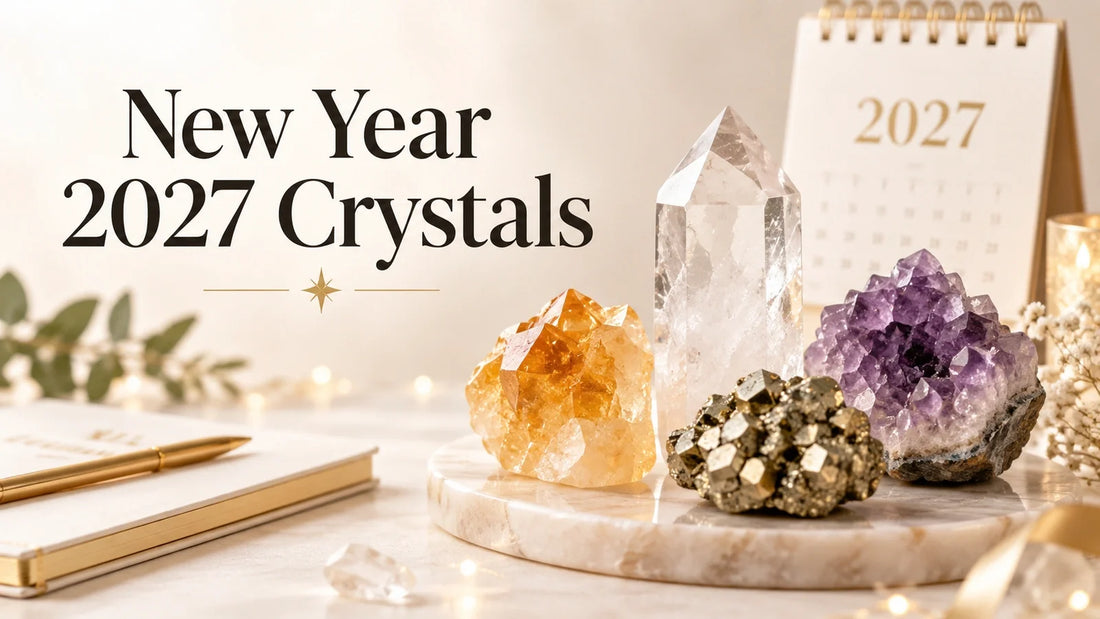 Clear quartz, citrine, pyrite and amethyst beside a 2027 calendar for a New Year crystal intentions guide