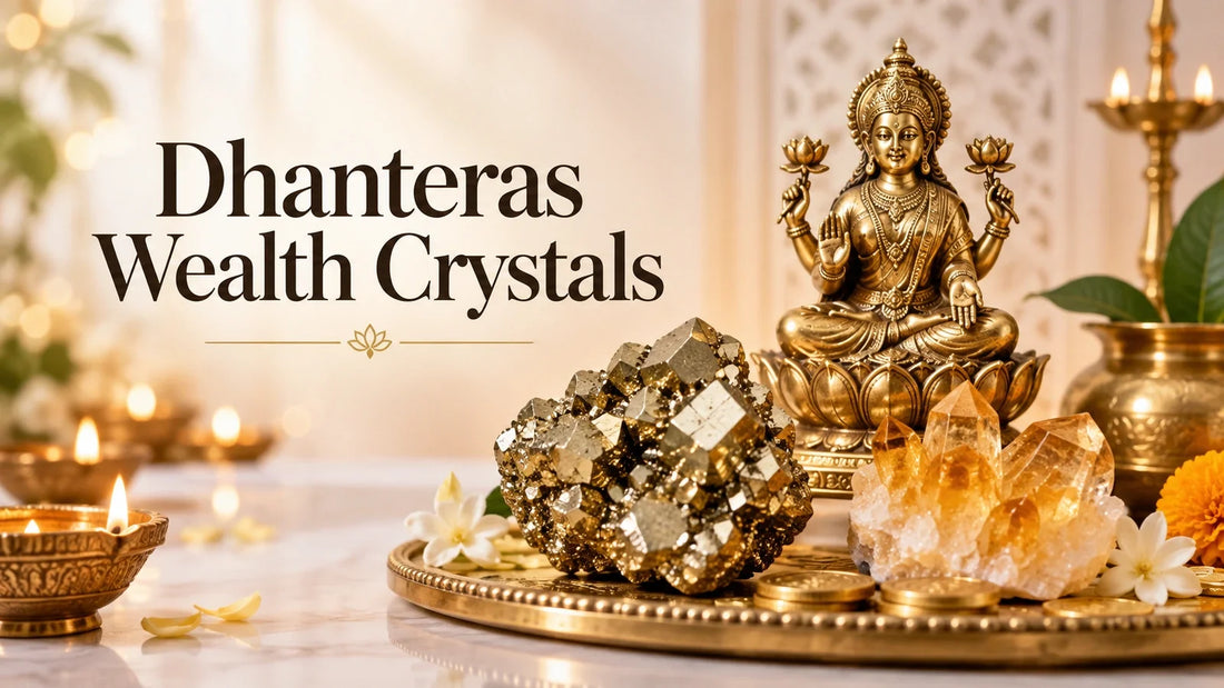Lakshmi idol with pyrite and citrine crystals arranged with diyas for a Dhanteras wealth ritual