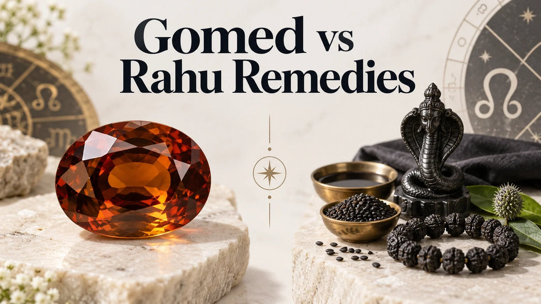 Hessonite gemstone with Rahu-themed spiritual objects for a comparison of Rahu remedies