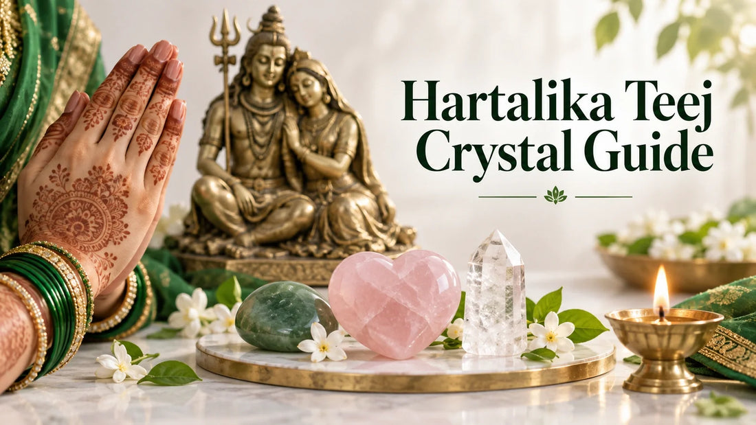 Hartalika Teej puja setting with Shiva-Parvati statue, mehendi hands and crystals