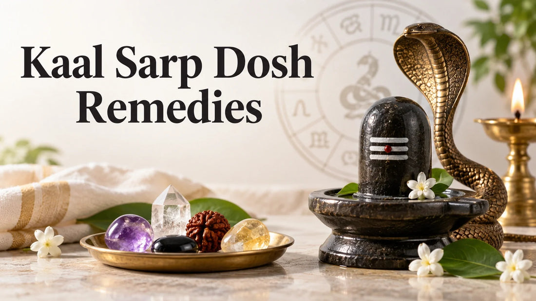 Shivling, cobra motif and assorted crystals arranged for a Kaal Sarp Dosh remedies guide