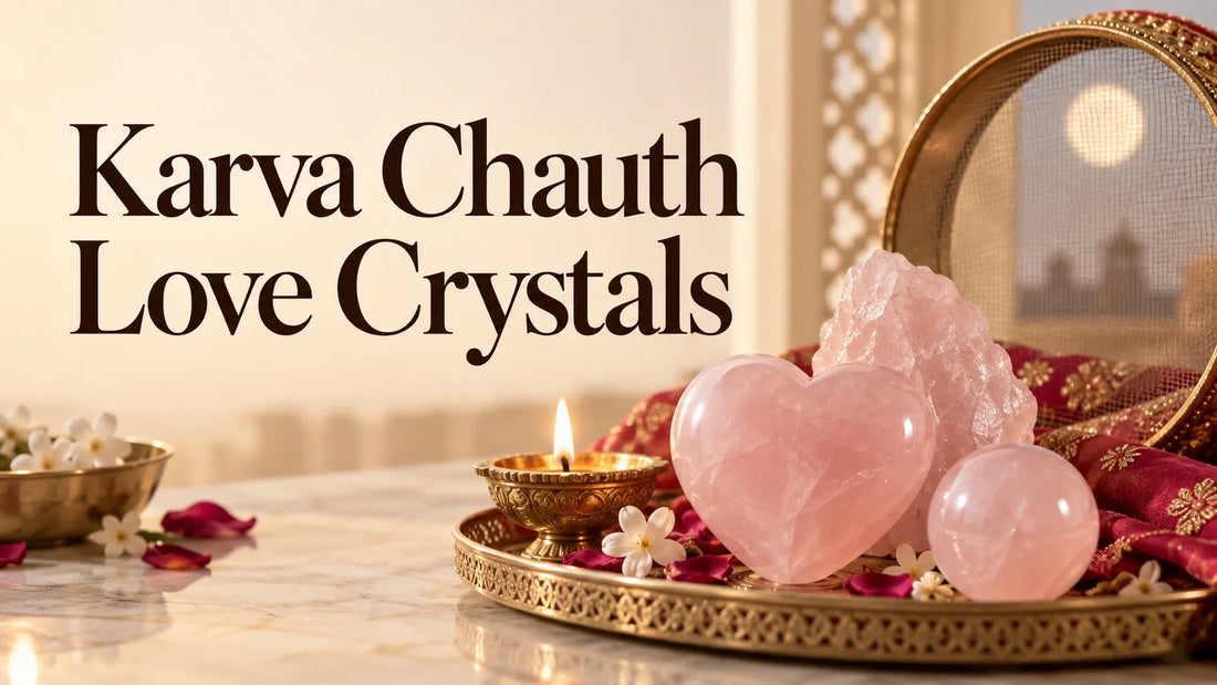 Rose quartz heart and crystals on a Karva Chauth puja tray with diya and moon backdrop