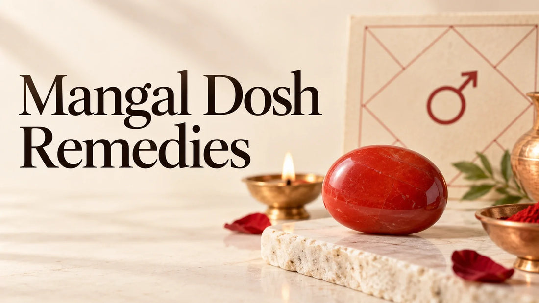 Red stone with the Mars symbol and puja elements for a Manglik and Mangal Dosh remedies guide
