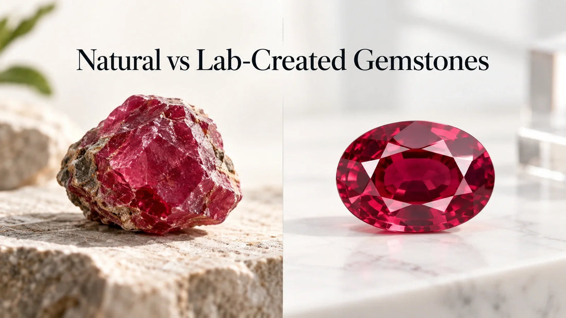 Natural ruby crystal beside a polished faceted lab-created gemstone for a side-by-side comparison