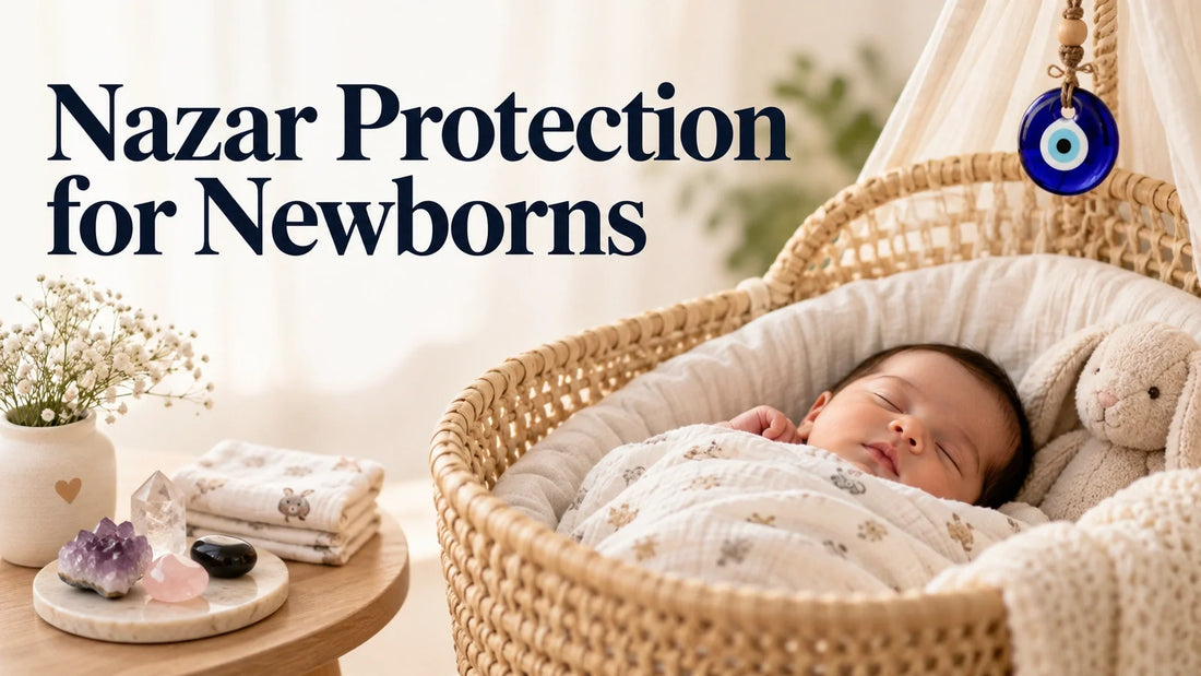 Sleeping newborn in a cradle with nazar charm and crystals for a baby nazar protection guide
