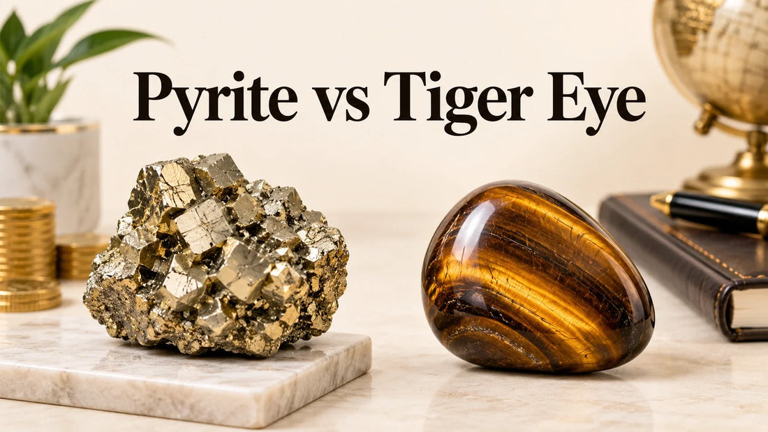 Pyrite cluster and tiger eye stone shown side by side for a money and confidence comparison guide