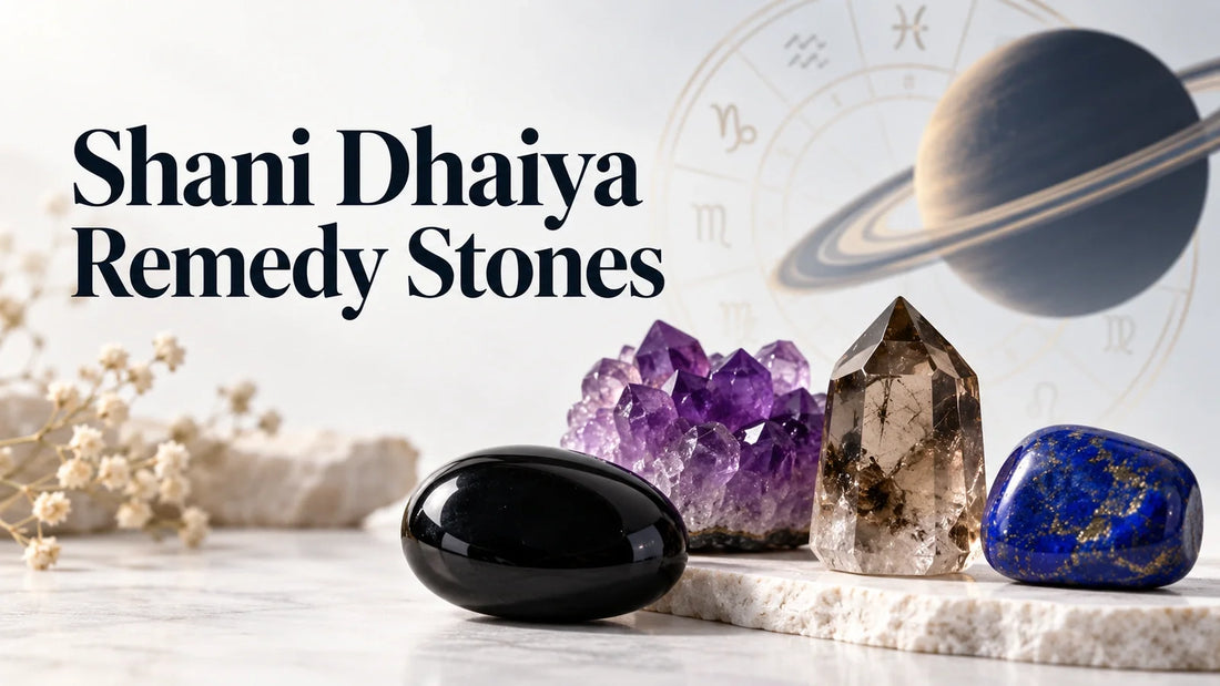 Dark and purple crystals with Saturn imagery for a Shani Dhaiya remedy stones guide