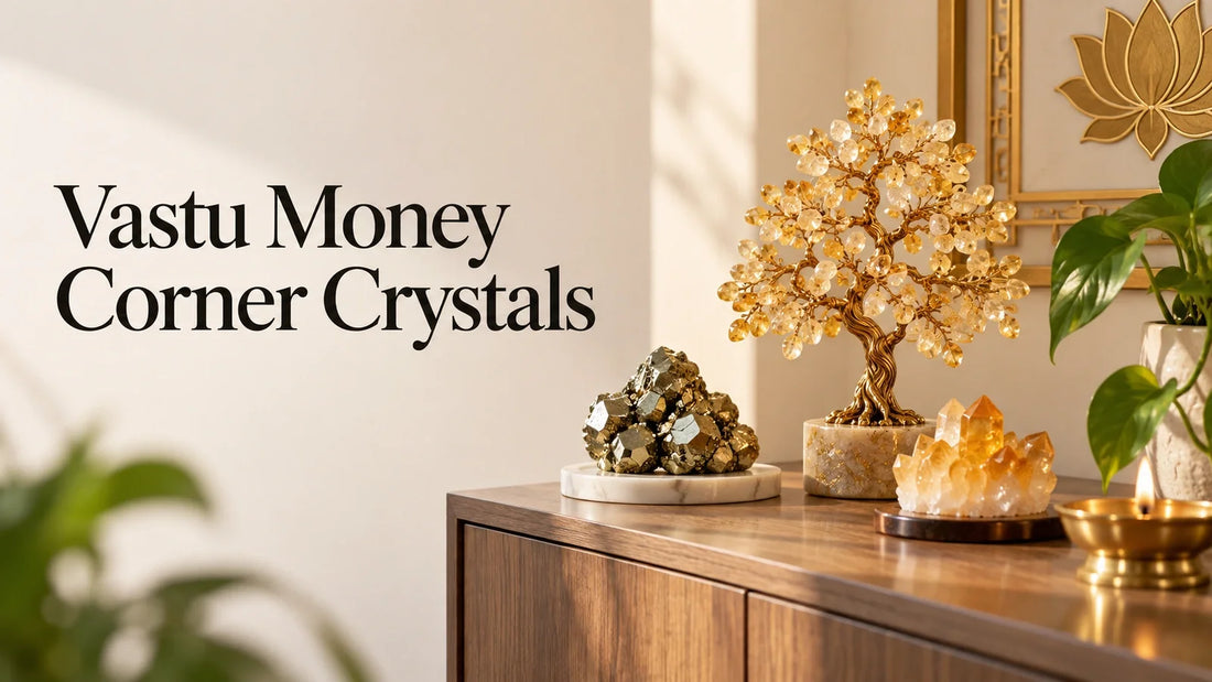 Pyrite, citrine crystal tree and green aventurine arranged in a bright home Vastu money corner