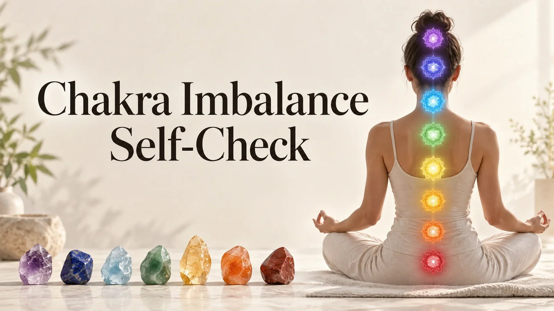 Meditating woman with seven chakra points illuminated and matching chakra crystals in front