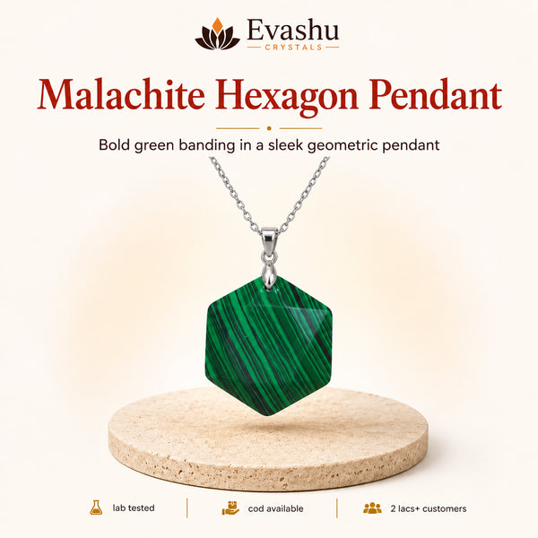 Natural Malachite hexagon pendant by Evashu Crystals - view 1 - 01 malachite hexagon pendant hero