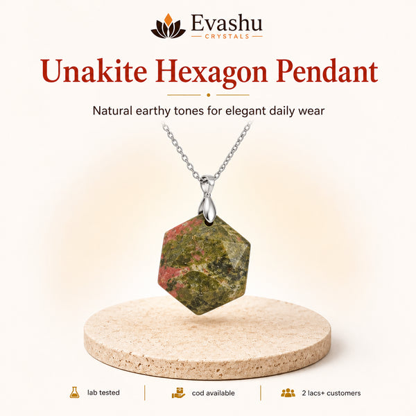 Natural Unakite hexagon pendant by Evashu Crystals - view 1 - 01 unakite hexagon pendant hero