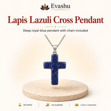 Load image into Gallery viewer, Natural Lapis Lazuli cross pendant by Evashu Crystals - view 1 - 01 hero lapis lazuli cross pendant
