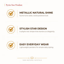 Load image into Gallery viewer, Natural Pyrite star pendant by Evashu Crystals - view 2 - 02 pyrite star pendant benefits
