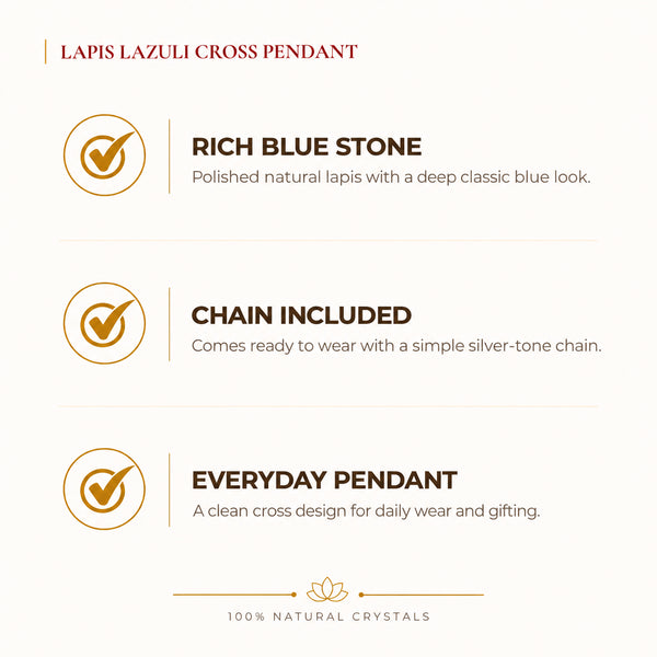 Natural Lapis Lazuli cross pendant by Evashu Crystals - view 2 - 02 benefits lapis lazuli cross pendant